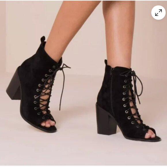 Jeffrey Campbell Cors Black Leather Cow Hide Lace up Peep Toe Booties - Picture 1 of 8